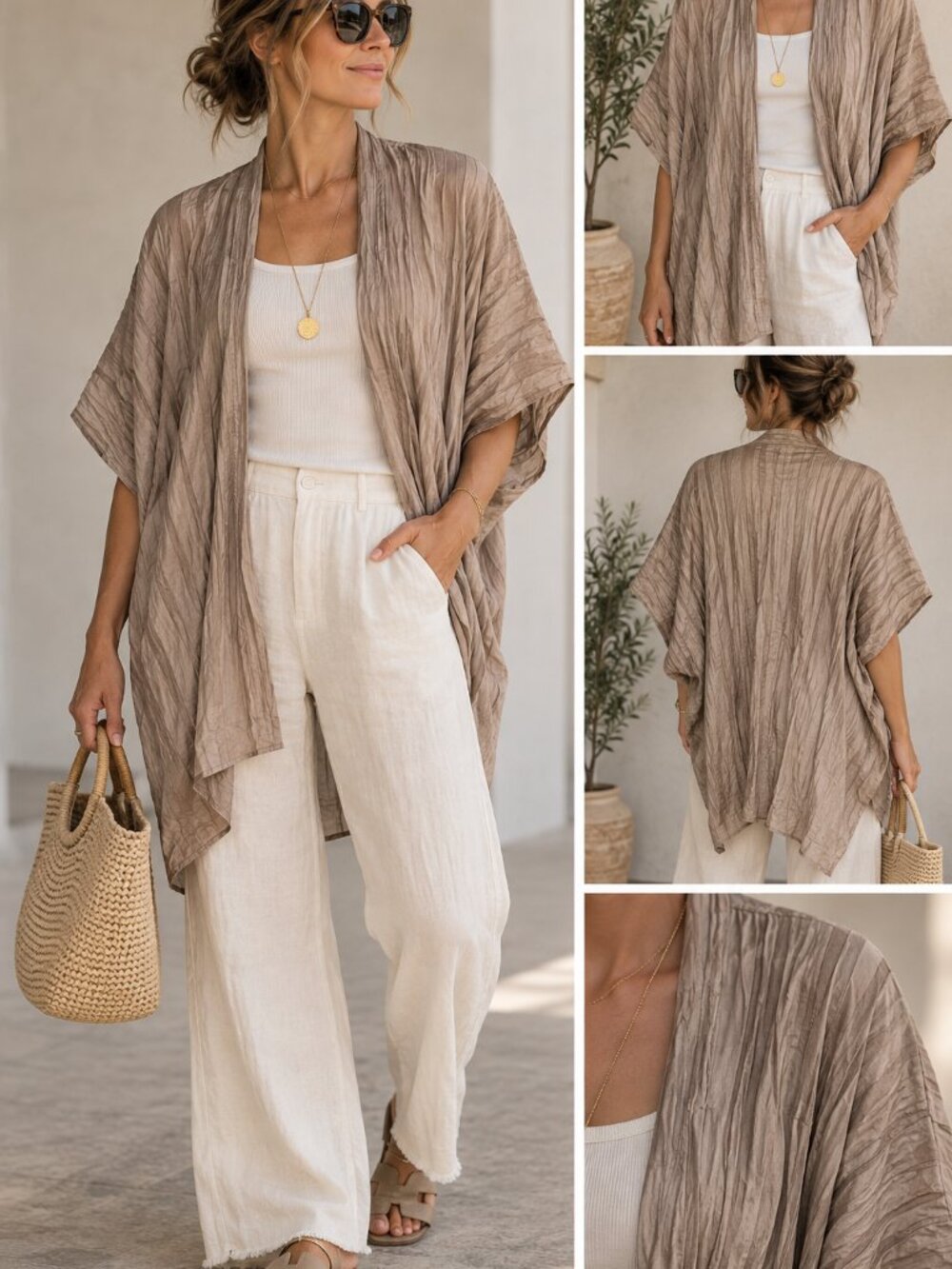 Sasso + Smyth 100% Silk Crinkle Kimono Cardigan Taupe One Size NWT